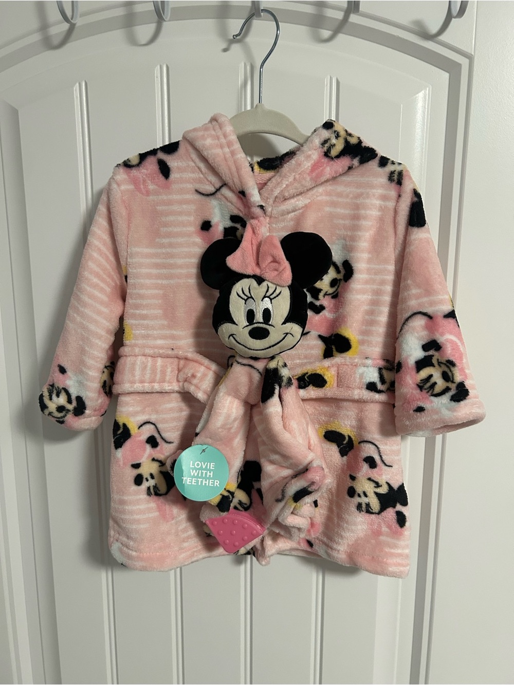 Pink Minnie Mouse Hooded Plush Robe with Minnie Blanket & Teether*size 0-12 mo.
